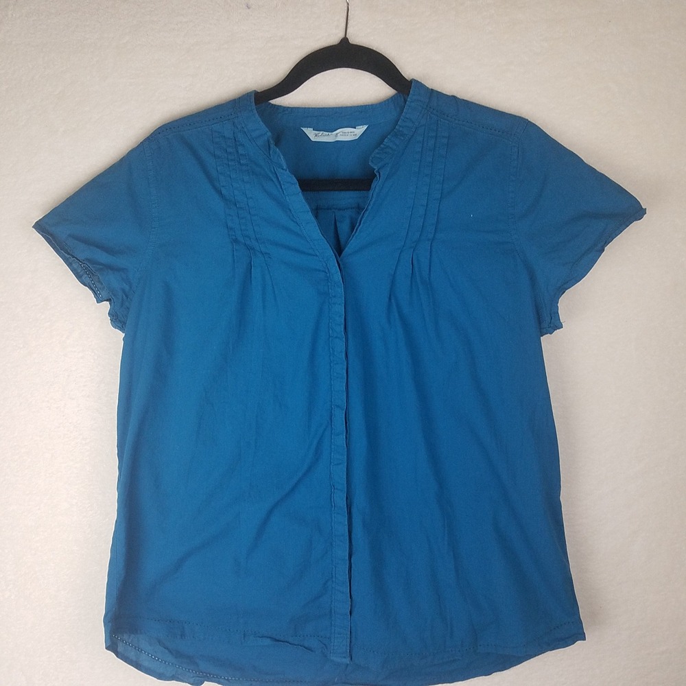 Woolrich Blouse Womens Medium Blue Excellent‎ Pintuck Pleat Cotton Short Sleeve